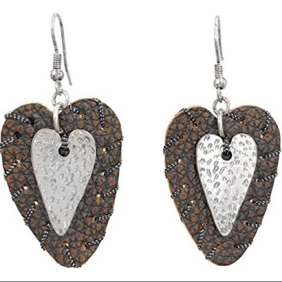 Brown Leather Silver Heart Dangle Earrings - Picture 1 of 3